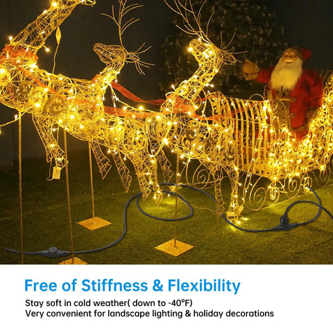 Heavy Duty 30 Foot Extension Cord With Six Weatherproof Sockets used for lighting holiday decorations with illuminated reindeer and Santa.