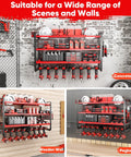 Upgrade Large Four Tier Power Tool Organizer Wall Mount With Beefy Heavy Duty Metal Construction And 400lbs Capacity Shelves on concrete wall, wooden wall, and pegboard for heavy tools storage.