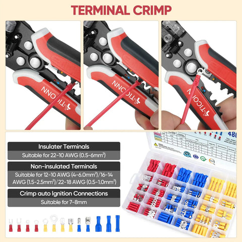 3 In 1 Wire Stripper Cutter And Crimping Pliers For 24 10 AWG Wire Stripping Cutting And Crimping Heavy Duty Electrician Tool Ergonomic Red Handle detail with terminal crimping options
