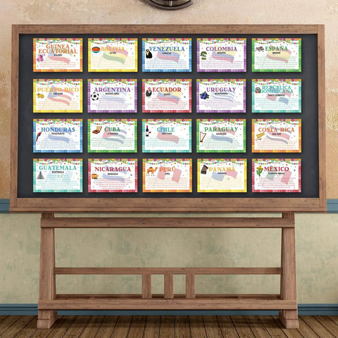 21 Piece Spanish Language Country Poster Set for Classrooms, Latin American Geography Wall Decor on bulletin board display