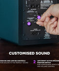 Control panel on Zero Latency Wired 4.5 Inch Studio Monitors And PC Speakers, showing EQ and speaker position knobs.