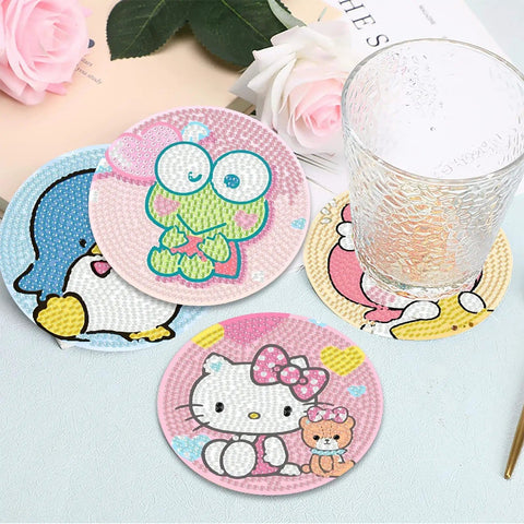 Diamond Art Coasters Set With Holder For Adults And Kids, 8 cartoon designs shown with glass, flowers, and table setting.
