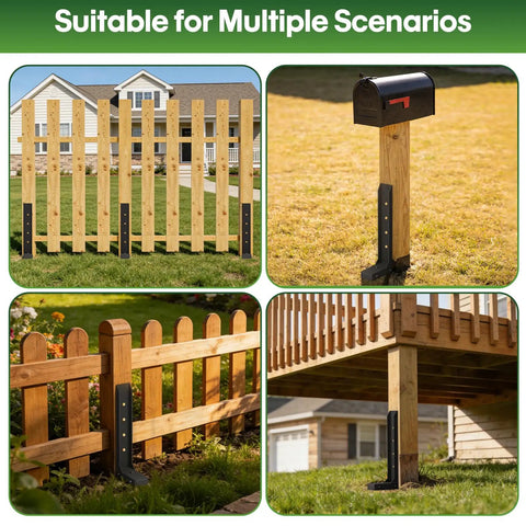 Tough As Nails 4 Pack Fence Post Repair Kit With 8mm Double Layer Anchors for wood fences, showcasing multiple installation scenarios.