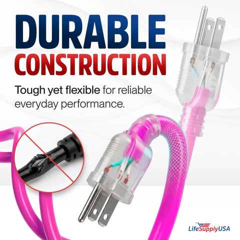 75Ft Heavy Duty Extension Cord Waterproof And Cold Resistant For Indoor Or Outdoor Jobsites A Beefy 15 Amp Three Prong Power Cable that showcases durable construction in neon pink.