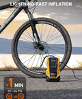Dual Power Portable Tire Inflator With AC And DC Power, 150 PSI Max, LED Light, next to bike wheel on road