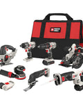 Killer 20V Max Lithium Eight Tool Combo Kit With Dual Batteries And Quick Charger including drill, saws, and sander in a carrying bag.