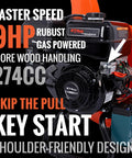 Powerful 9HP Gas Powered Wood Chipper With Electric Key Start, 274cc Engine detail. Text highlights key features and speed.