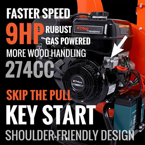Powerful 9HP Gas Powered Wood Chipper With Electric Key Start, 274cc Engine detail. Text highlights key features and speed.