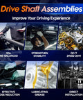 Collage of drive shaft assembly process with G16 pre-balance, stability enhancement, lubricating grease, noise reduction for Rear Drive Shaft Assembly For AWD Ford Edge And Lincoln MKX 2016 2017 2018 OE 986310 G2GZ4R602E Replacement Prop Shaft Direct Fit Heavy Duty Balanced For Smooth Torque Engineered For Reliability.