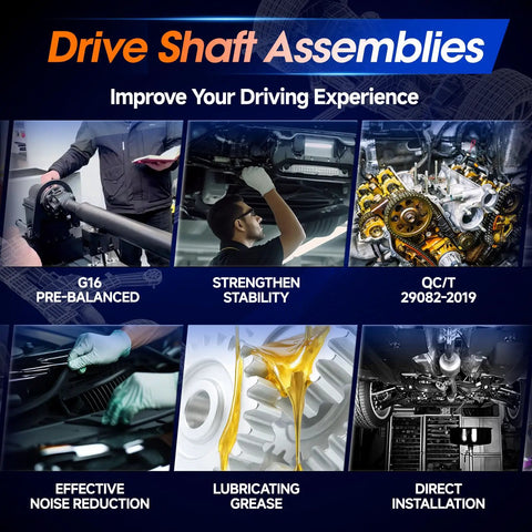 Collage of drive shaft assembly process with G16 pre-balance, stability enhancement, lubricating grease, noise reduction for Rear Drive Shaft Assembly For AWD Ford Edge And Lincoln MKX 2016 2017 2018 OE 986310 G2GZ4R602E Replacement Prop Shaft Direct Fit Heavy Duty Balanced For Smooth Torque Engineered For Reliability.