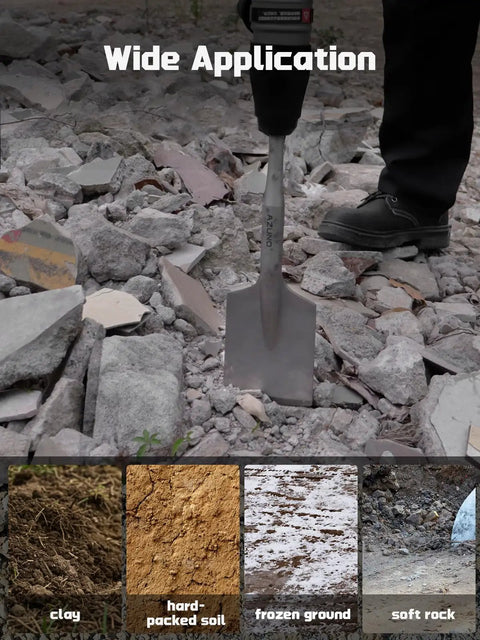 SDS Max Clay Spade Bit Four And One Half Inch By Seventeen Inch Heavy Duty Steel Shovel Bit in use on rocky surface with application types displayed.