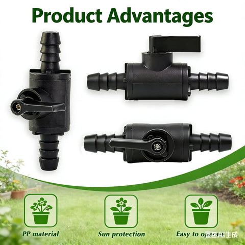 Four Pack Three Eighths Inch Ball Valve Barbed Shut Off Kit for garden sprayers, drip irrigation, and aquarium pumps, side view