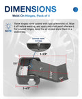 Beefy Weld On Trailer Hinges Set Of Four Heavy Duty Steel Gate And Dump Door Hinge Straps Built To Weld Direct To Frame For A Permanent Ultra Strong Connection Leaf Length Five And Three Eighths Inches Overall Width Four Inches. dimensions diagram with grease zerk fitting and 1/4-inch steel