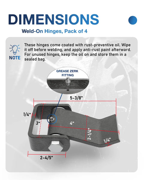 Beefy Weld On Trailer Hinges Set Of Four Heavy Duty Steel Gate And Dump Door Hinge Straps Built To Weld Direct To Frame For A Permanent Ultra Strong Connection Leaf Length Five And Three Eighths Inches Overall Width Four Inches. dimensions diagram with grease zerk fitting and 1/4-inch steel