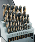 29 Piece Cobalt Drill Bit Set With 135 Degree Split Point in storage case, close-up view of black and gold finish, sizes visible