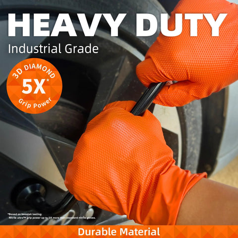 Beastek nitrile disposable gloves, orange, large, 50-count, close-up of hands performing automotive repair.