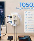 No Cap Wall Mount Power Strip With 6 Widely Spaced Outlets And 4 Rapid Charge USB Ports Includes Chill Night Light And Heavy Duty Surge Protection For Your Entire House with surge protection features displayed.