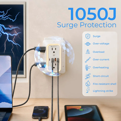 No Cap Wall Mount Power Strip With 6 Widely Spaced Outlets And 4 Rapid Charge USB Ports Includes Chill Night Light And Heavy Duty Surge Protection For Your Entire House with surge protection features displayed.