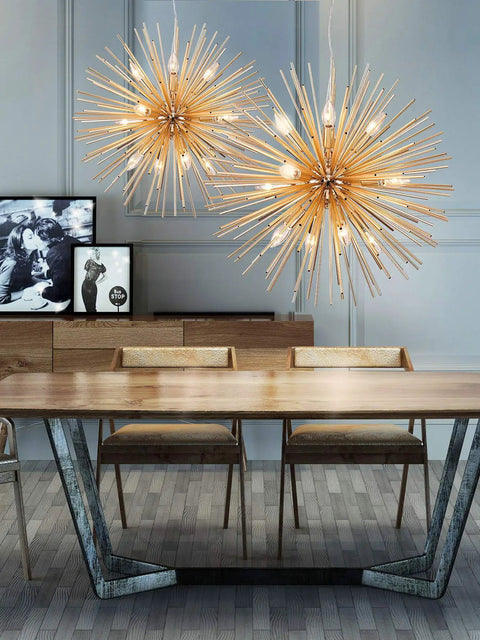 Dope Gold Sputnik Chandelier Light Fixture With 12 E12 Holders in modern dining room, firework style, over wood table