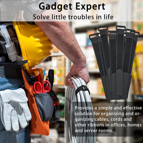 30 Pack Reusable Cable Ties 8 Inch Straight Up Heavy Duty Hook And Loop Velcro Straps for cord management held by worker.