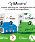 Opti-Soothe Moist Heat Mask blue box and Opti-Soothe Preservative-Free Eyelid Wipes green 30-pack