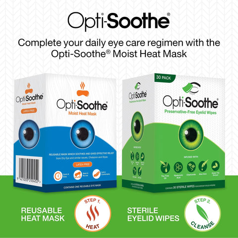 Opti-Soothe Moist Heat Mask blue box and Opti-Soothe Preservative-Free Eyelid Wipes green 30-pack