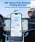 Car interior with vacuum magnetic car phone mount with 360 degree rotating holder, showing navigation map on smartphone