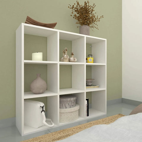 White DIY Cube Organizer Shelf With Nine Cubes For Bedroom Living Room And Home Office In White Made In USA Easy To Assemble