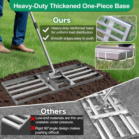 30-Inch By 10-Inch No-Fuss Pro-Grade Lawn Leveling Rake with thickened heavy-duty base for smoothing soil and easy handling