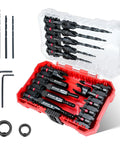 Front view: EZARC countersink drill bit set, 22 pcs in red and clear cases with self-centering bits and plug cutters