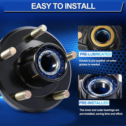 Pair Of Two 2000 Lb Idler Hub Assemblies For Utility Trailers With 5 On 4.5 Bolt Pattern That Swaps Right Onto 1 1/16 Inch Straight Spindles, close-up view showing pre-lubricated bearing.