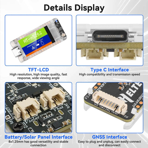 Badass Mesh Node T114 Board With NRF52840 SX1262 LoRa, TFT-LCD featuring Type C, Battery/Solar Panel, and GNSS interfaces.