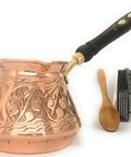 Dope Thick Solid Copper Turkish Greek Arabic Coffee Pot With Wooden Handle For Stovetop Brewing Jazzve Cezve Ibrik Briki Café Turco Large 18 Oz Engraved Design Authentic Turkish Coffee Maker with spoon