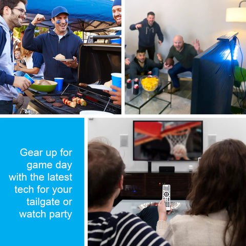 Game day tailgate and home watch party setups, featuring fans barbequing and watching TV together, highlighting use contexts.
