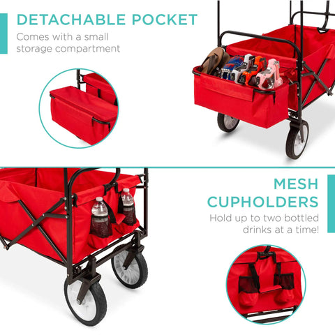 Foldable Outdoor Utility Wagon With Canopy For Beach, Picnic, Camping, Tailgates Removable Shade, 150 Lb Capacity, Detachable Pockets