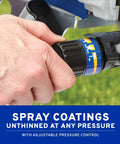 Pro Grade Airless Paint Sprayer With Fully Adjustable Pressure and a rugged stainless steel piston pump pressure control knob in hand.