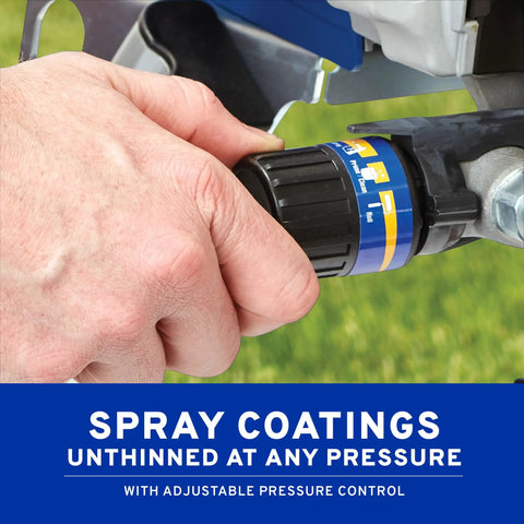 Pro Grade Airless Paint Sprayer With Fully Adjustable Pressure and a rugged stainless steel piston pump pressure control knob in hand.