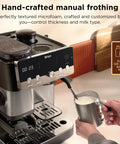 Home Barista Luxe Café Mini Espresso Machine With Built-In Burr Grinder And Drip Coffee showing manual steam wand in use