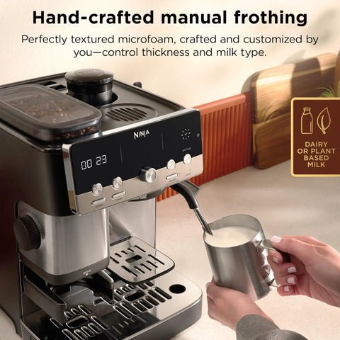 Home Barista Luxe Café Mini Espresso Machine With Built-In Burr Grinder And Drip Coffee showing manual steam wand in use