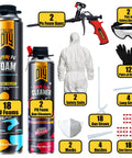 18 Pack Spray Foam Insulation Kit For Wall And Attic Sealing With Slick Expanding Urethane Formula including 2 PU foam guns and safety gear.