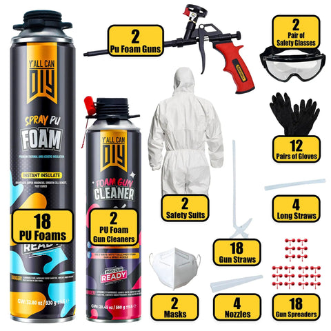18 Pack Spray Foam Insulation Kit For Wall And Attic Sealing With Slick Expanding Urethane Formula including 2 PU foam guns and safety gear.