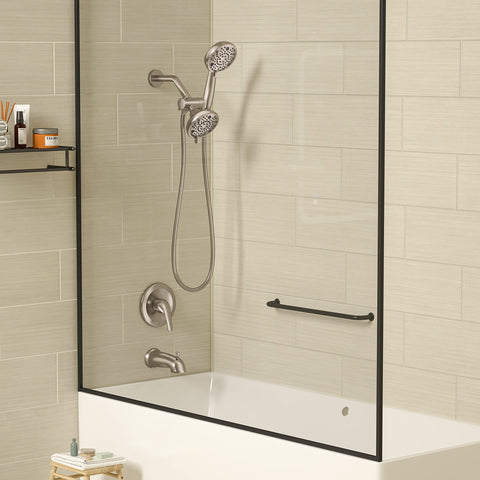 Matte black tub and shower faucet set with dual shower heads, featuring a four-way valve and single lever control in modern bathroom.