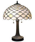 Stained Glass Banker Jeweled Table Lamp With White And Yellow Shade, 26 Inch Tall Vintage Style Nightstand Light shown from front angle