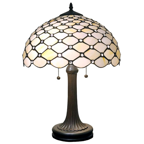 Stained Glass Banker Jeweled Table Lamp With White And Yellow Shade, 26 Inch Tall Vintage Style Nightstand Light shown from front angle