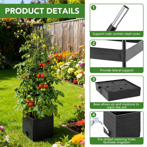 2 Pack Raised Garden Bed Planter Box With Trellis, 57 Inch Self Watering Tomato Planters shown with vine support details