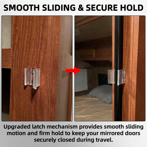 Universal Fit RV Sliding Mirrored Door Latch H527 Replacement For Camper Closet Doors Straight Up Solid Transparent ABS Plastic showing smooth sliding mechanism.