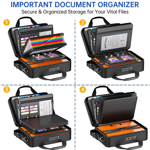 Fireproof And Water Resistant Document Box With Lock, 24 Pocket Accordion File Organizer showing compartments and lock