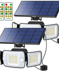 Outdoor Solar Flood Lights With Remote Control 3 Head Motion Sensor Flood Lights IP65 Waterproof Separate Panel With 9ft Cable