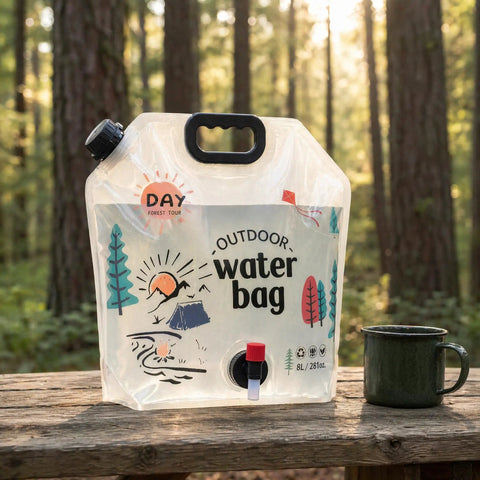 2 Point 1 Gallon Collapsible Water Jug For Outdoor Adventures Reusable BPA Free Foldable Water Container 8L on a picnic table