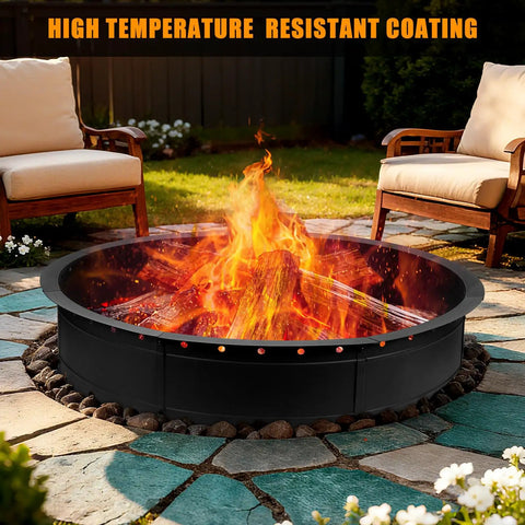 36 Inch Smokeless Fire Pit Ring For Patio And Backyard Large Outdoor Campfire Pit in black steel burning with visible flames